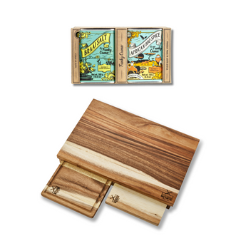 3-in-1 wooden chopping board set with Funky Ouma seasoning pack, perfect for meal prep and braai enthusiasts.