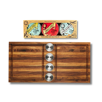 MBB Meat Board with Funky Ouma Travel Braai Spice Kit for gourmet grilling and outdoor cooking.