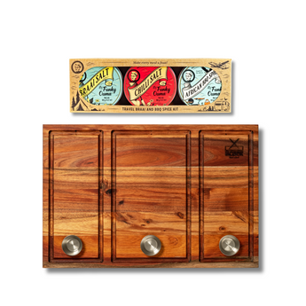 Shisanyama plankie braai board with Funky Ouma spice kit showcasing three stainless bowls and spice labels.