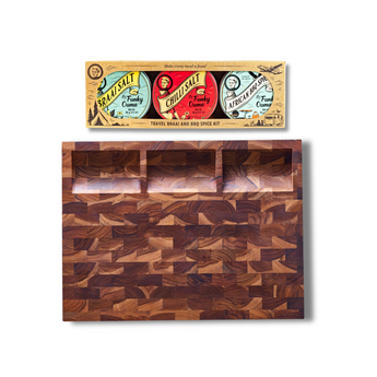 End grain prep board with compartments and Funky Ouma Braai spice kit, perfect for culinary creativity.