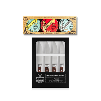 Set of 4 stainless steel steak knives with wooden handles and Funky Ouma Travel Braai Spice Kit for flavorful grilling.