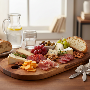 Wooden charcuterie board with meats, cheeses, fruits, and bread on a wooden table.