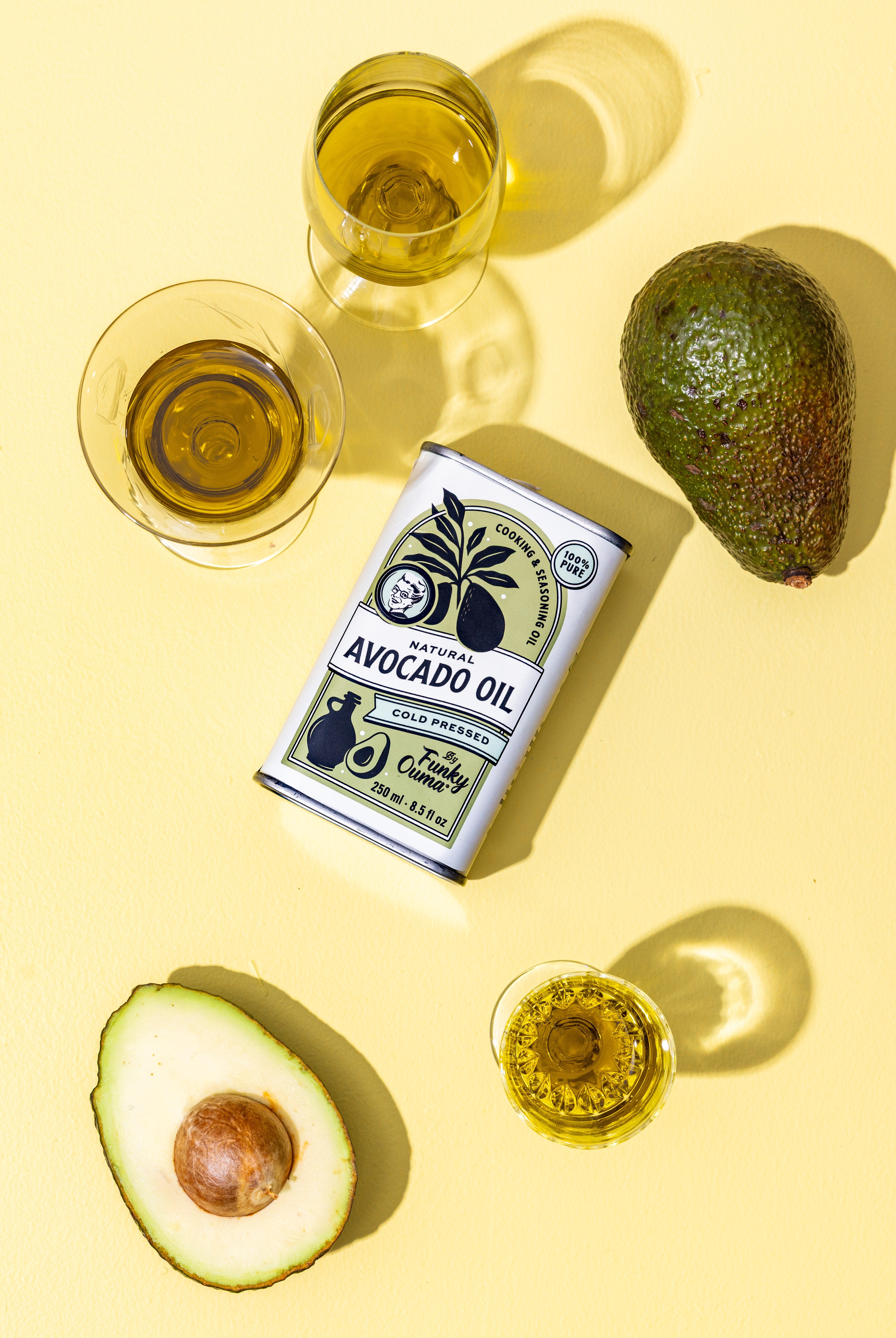 Funky Ouma Avocado Oil 250ml - styled with ingredients