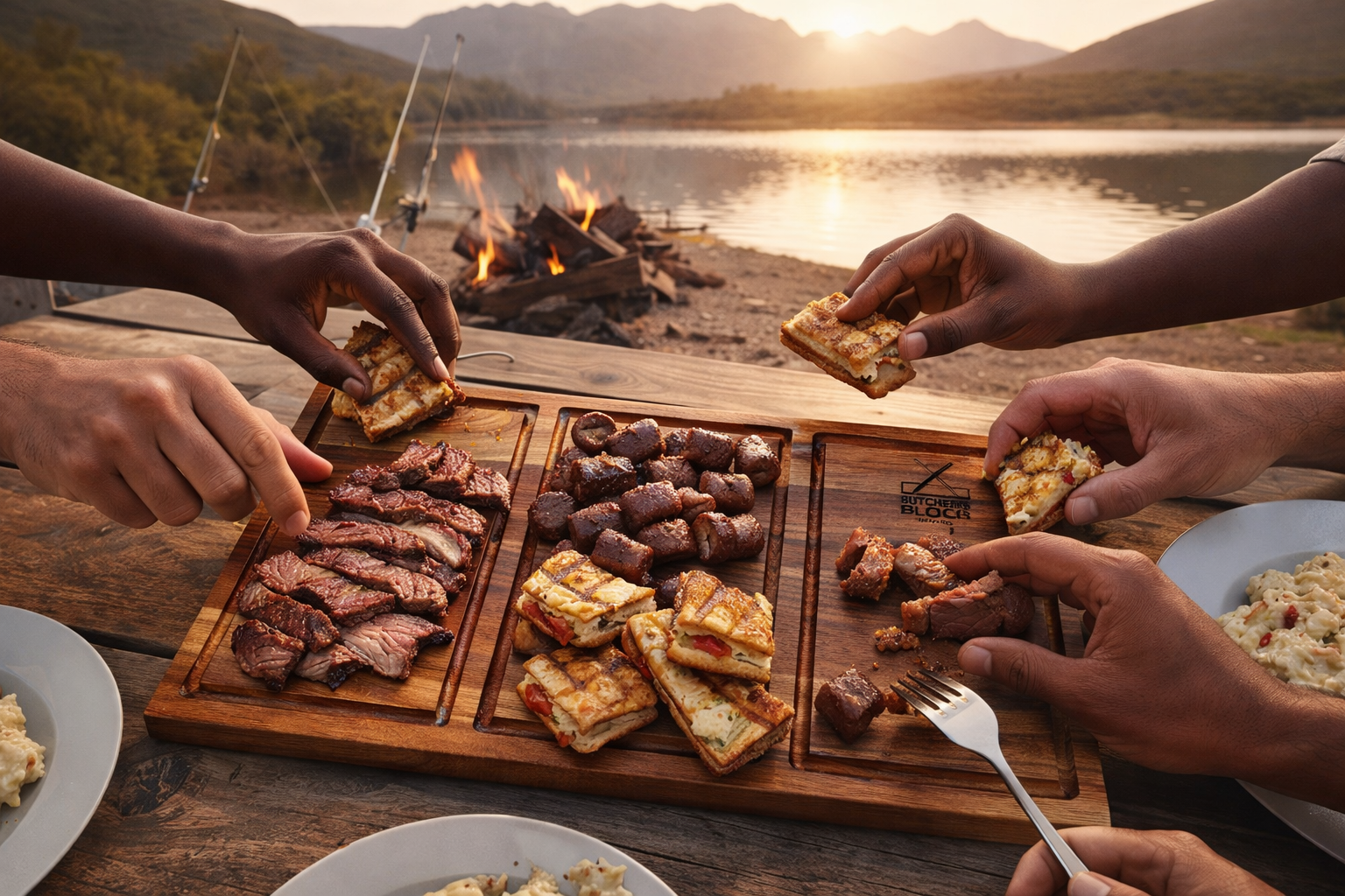 People enjoying a meal by a lake with a wooden cutting board of food and a campfire in the background.