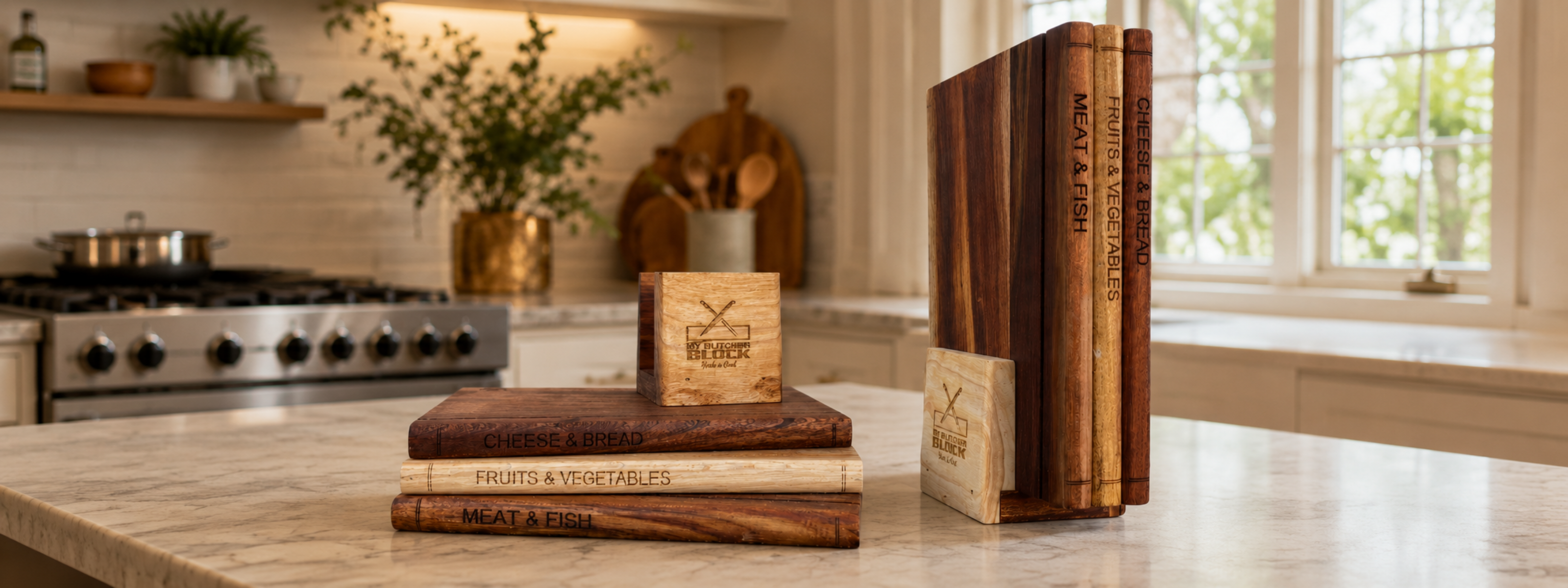 A stack of handcrafted wooden cutting boards and a small wooden block with a logo, displayed on a marble kitchen countertop in a bright, modern kitchen.