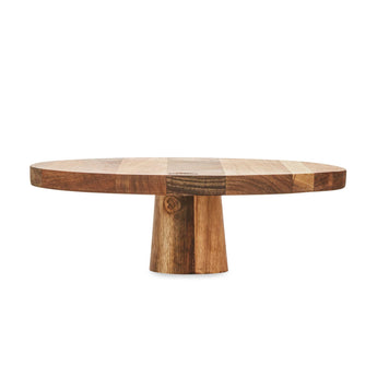 Elevated view of a wooden cake stand with natural wood grain pattern