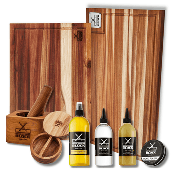 Full MasterChef Combo Deal featuring Grand Daddy Chopping Board, Pestle & Mortar, Salt & Pepper Holder, Large Slim Chopping Board, and Woodcare Range.