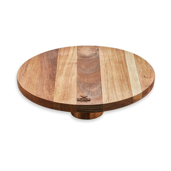 Side view of an empty large wooden cake stand