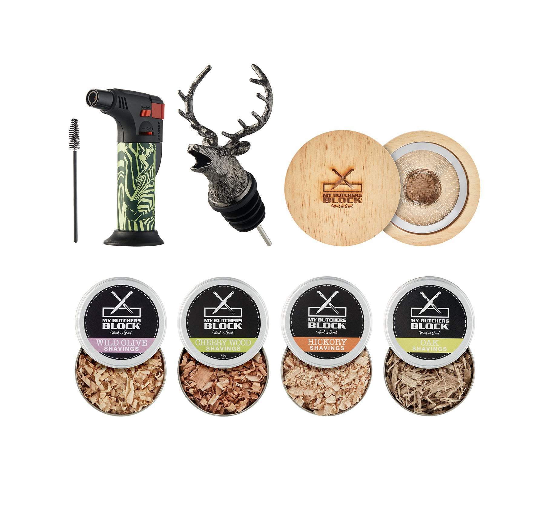 Collection of X Block products including a lighter, a deer head decoration, and various containers with wood shavings