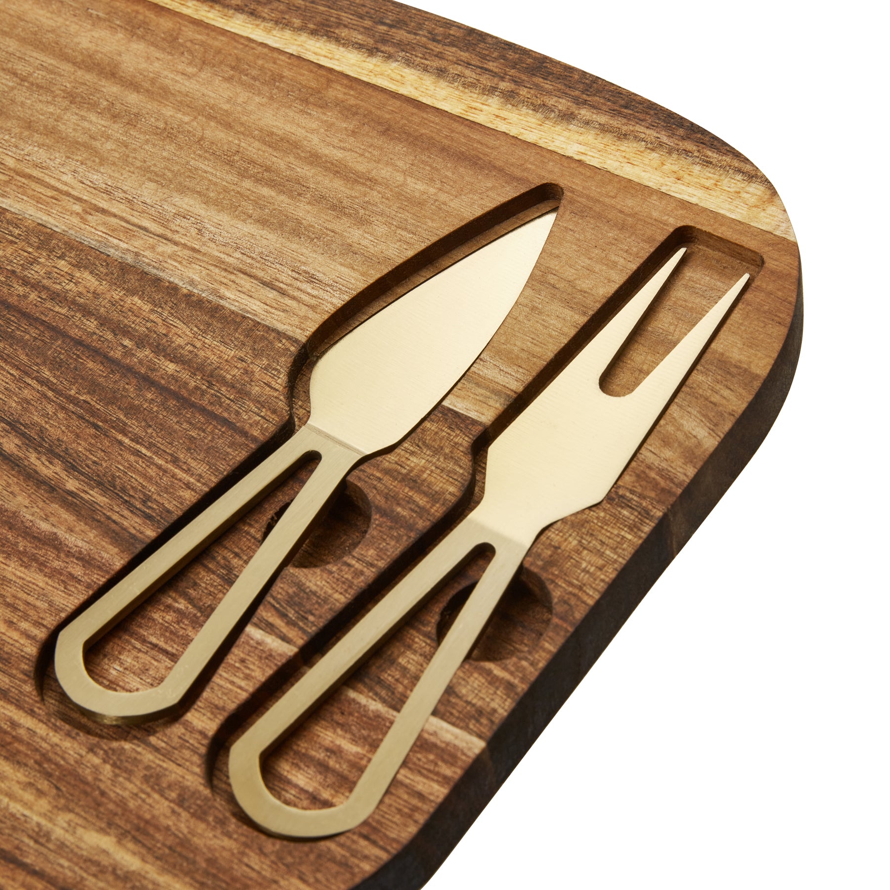Acacia Serving Board with 2 Gold Cheese Knives
