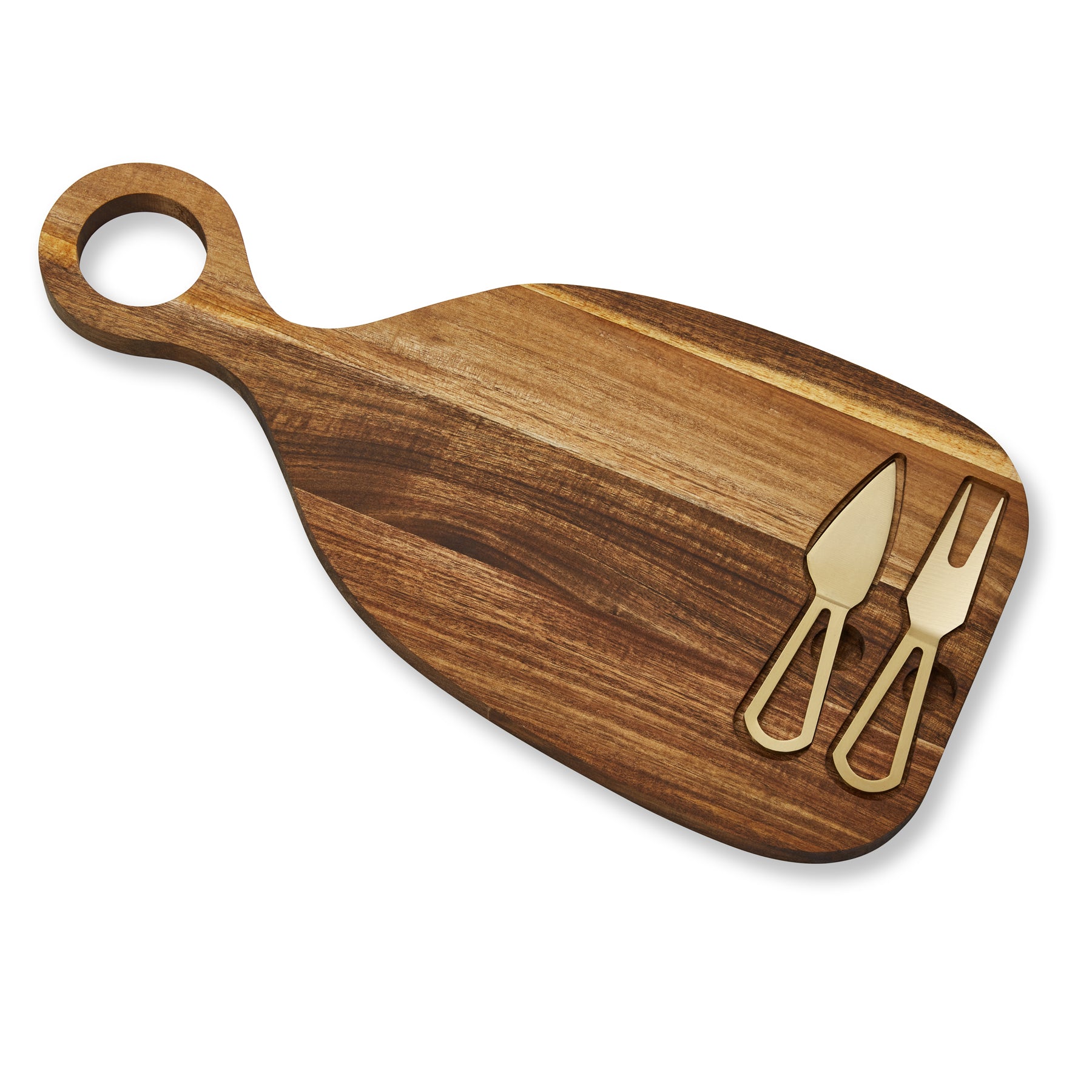 Acacia Serving Board with 2 Gold Cheese Knives