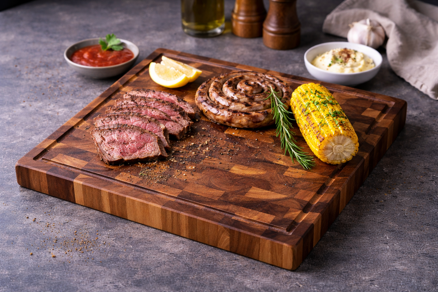 Steak, corn on the cob, and roasted vegetables on a End Grain wooden cutting board with side dishes.