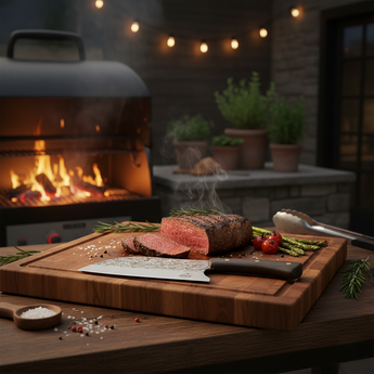 Steak on a wooden cutting board with a fireplace in the background