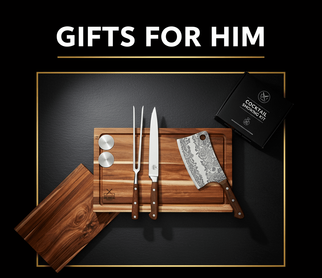 Gift set for men with cutting board, knives, and other items on a dark background.