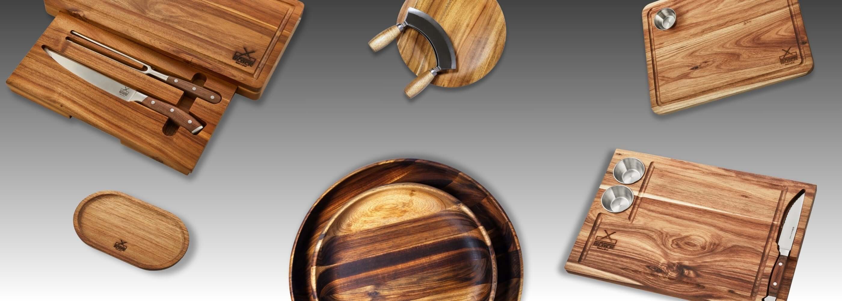 Collection of elegant wooden kitchen accessories including cutting boards and knife set on a gradient background.