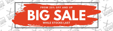 Big sale banner offering discounts from 20% off and up while stocks last, featuring a bold red brush stroke design.