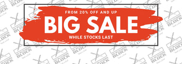 Big sale banner offering discounts from 20% off and up while stocks last, featuring a bold red brush stroke design.