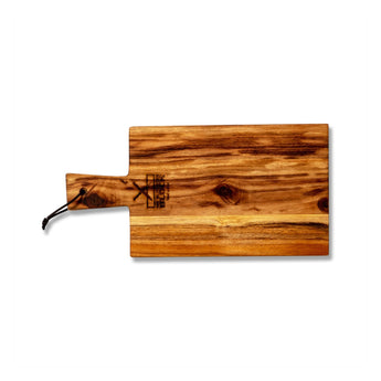 Top view of a rectangular wooden serving board with a handle, showcasing the smooth surface and natural wood grain patterns.