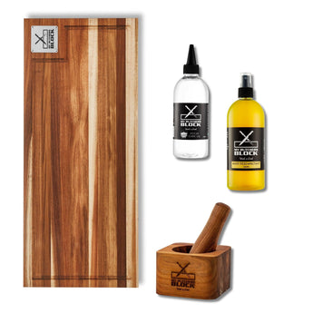 Starter MasterChef Combo Deal including a Grand Daddy Junior Chopping Board, Pestle & Mortar, Wood Disinfectant Spray, and Mineral Oil.