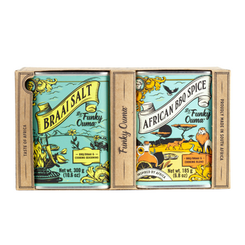 Funky Ouma Braai Salt and African BBQ Spice gift pack for flavorful grilling and cooking.