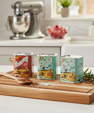 Three spice tins on a wooden cutting board in a kitchen setting with a mixer and fruits in the background.