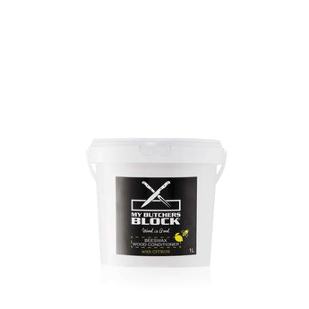 1L tub of My Butcher's Block Beeswax Wood Conditioner with Citrus for nourishing wooden kitchenware.