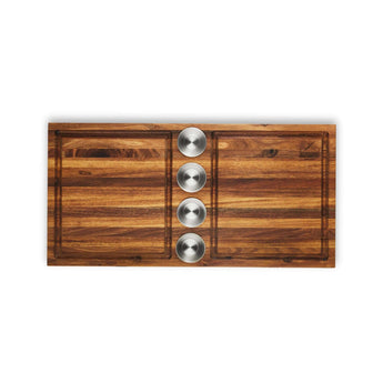 MBB Meat Board with stainless steel bowls for meal prep and serving at braai gatherings.