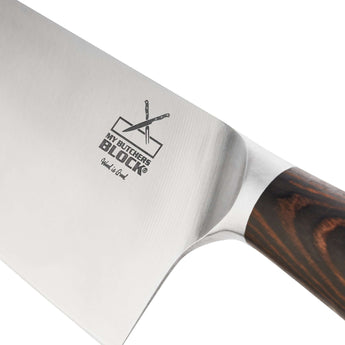 Close-up of My Butchers Block butcher's knife with stainless steel blade and ergonomic wooden handle.