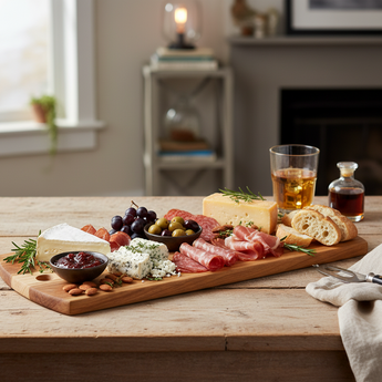 Wooden charcuterie board with meats, cheeses, and fruits on a wooden table.