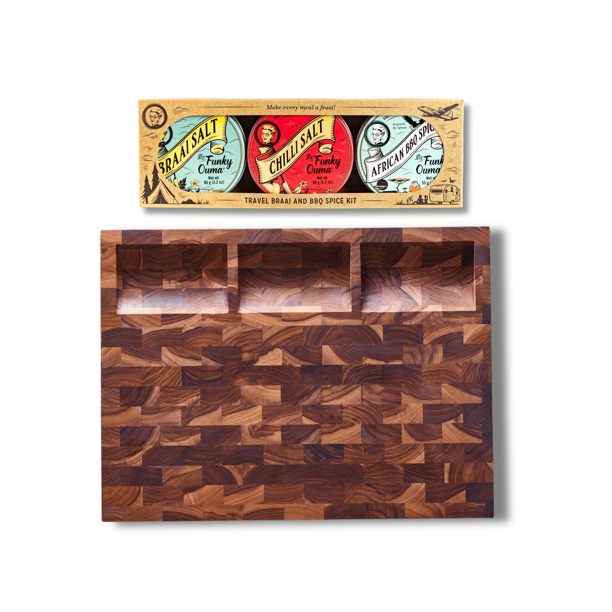 End Grain Prep Board with Compartments + Funky Ouma Braai Spice Kit - My Butchers Block Pty Ltd