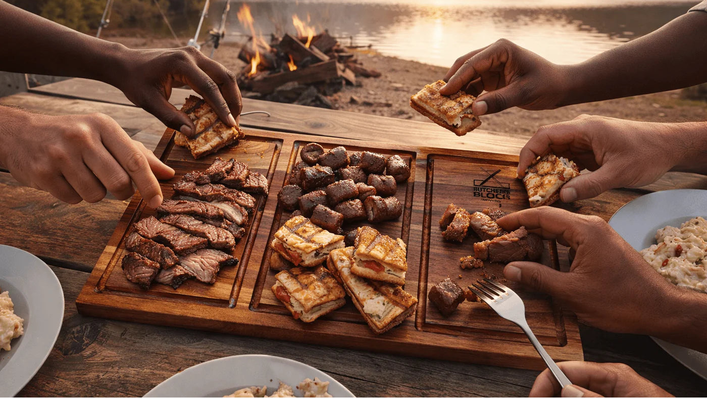 People enjoying a meal by a lake with a wooden cutting board of food and a campfire in the background.