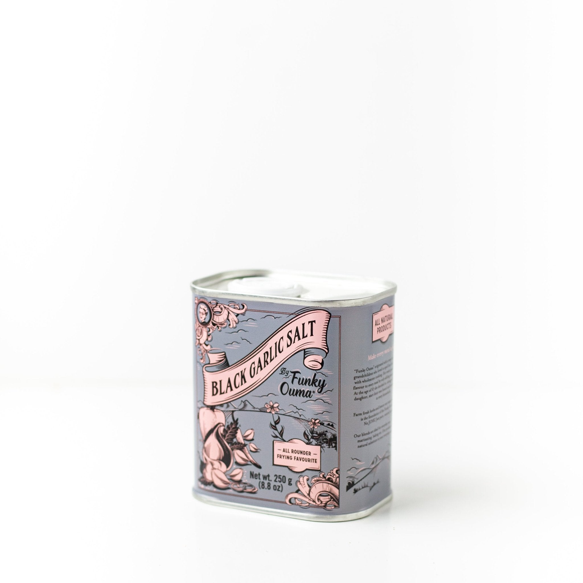 Funky Ouma Black Garlic Salt Tin - close-up
