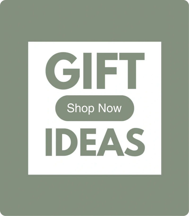 Promotional graphic with 'Gift Ideas' and 'Shop Now' text on a green background