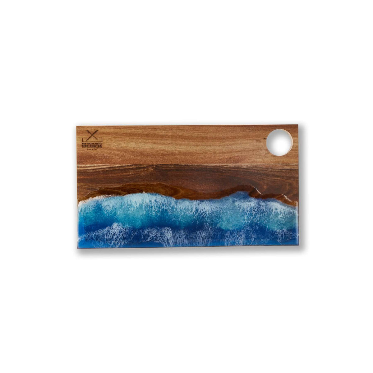 Handy Andy In Blue Resin, a handmade serving board in blue resin and wood, perfect for kitchen essentials and serving meals.