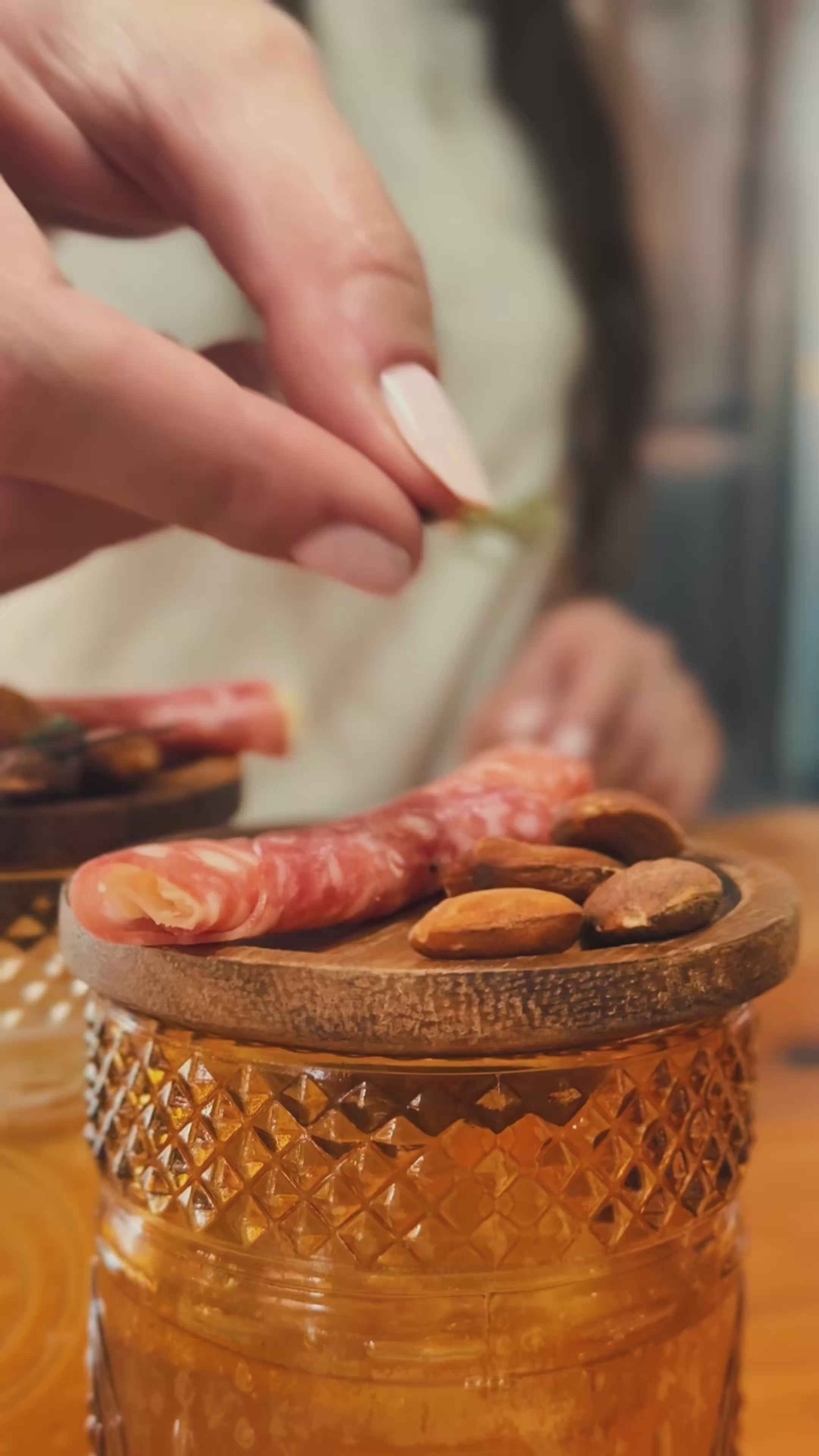 Wooden Glass Toppers – 4 Pack (Small & Large) used as serving board for snacks and drinks.