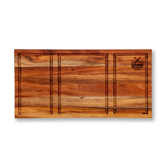 Shisanyama Plankie Braai Board Small with three sections and juice grooves for organized meat serving.