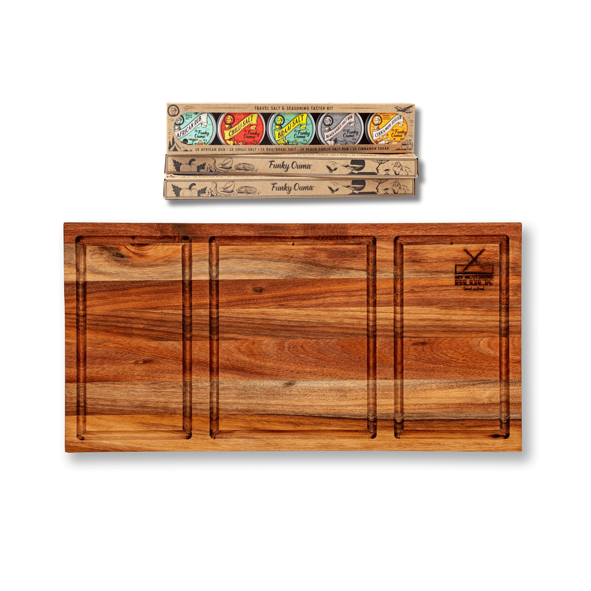 Shisanyama Plankie Braai Board Small + Funky Ouma Seasoning Taster Kit - My Butchers Block Pty Ltd