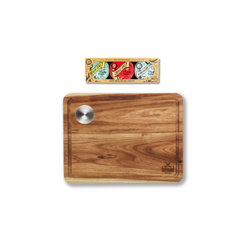 Large handcrafted steak board with bowl and Funky Ouma mini travel spice kit for effortless gourmet entertaining.