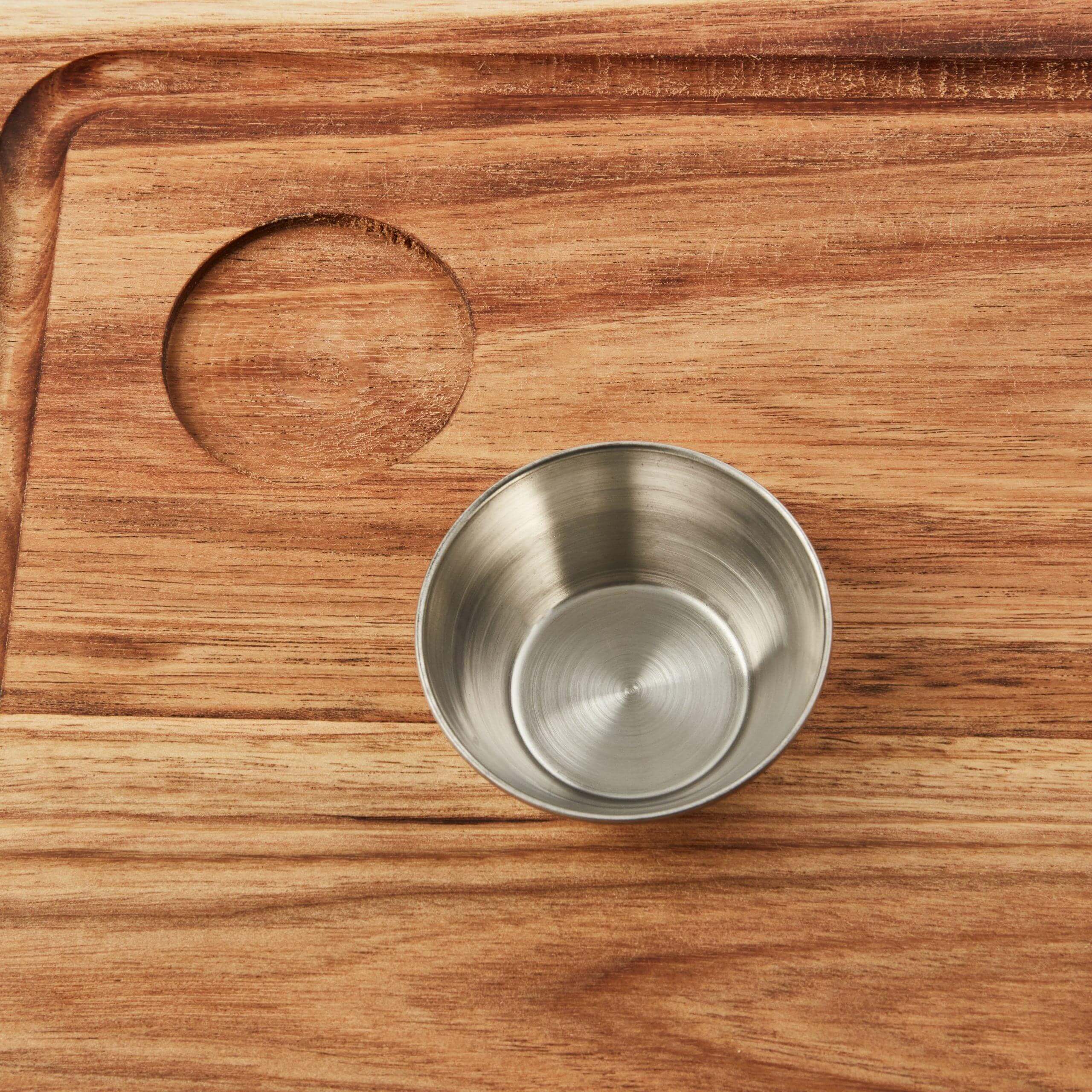 Steak Board Large With Bowl + Funky Ouma Mini Travel Taster Kit, stainless steel bowl on wooden chopping board.