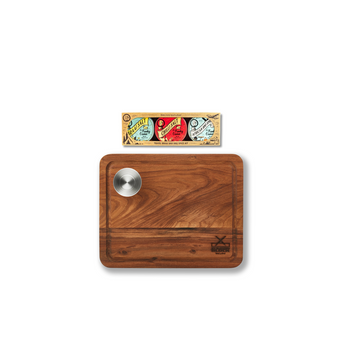 MBB Medium Steak Board with Bowl and Funky Ouma Mini Spice Kit, crafted from acacia wood for perfect steak nights.