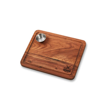 Mini Steak Board with metal bowl for sauces, featuring rounded corners and juice groove for tidy serving.
