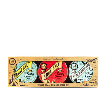 Funky Ouma Travel Braai and BBQ Spice Kit featuring Braai Salt, Chilli Salt, and African BBQ Spice.