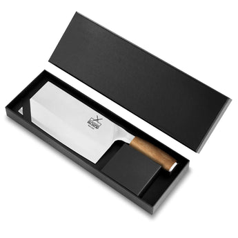 Cleaver knife in elegant packaging, showcasing a stainless steel blade and wooden handle.